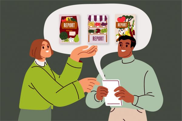 Illustration of two people talking to each other. In a speech bubble, one person is talking about food-related strategies and policies.