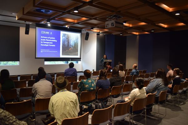 A wide-angle view of a presentation, showing the audience