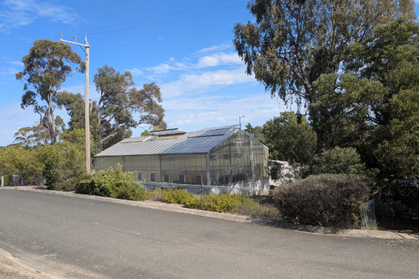 Glasshouse building beside the road in the bush.