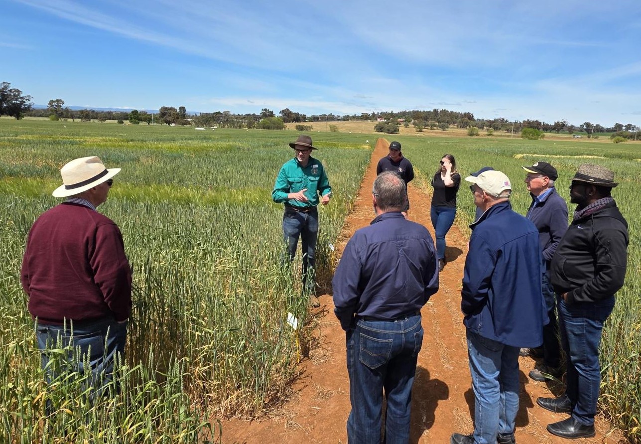 A group of people stand in a field with a farm tour guide