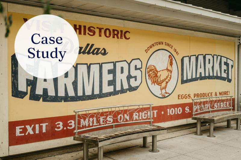 Promotional signage for a farmers market in Texas, USA