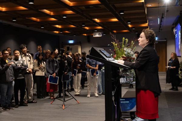 Prof Moira O'Bryan giving speech