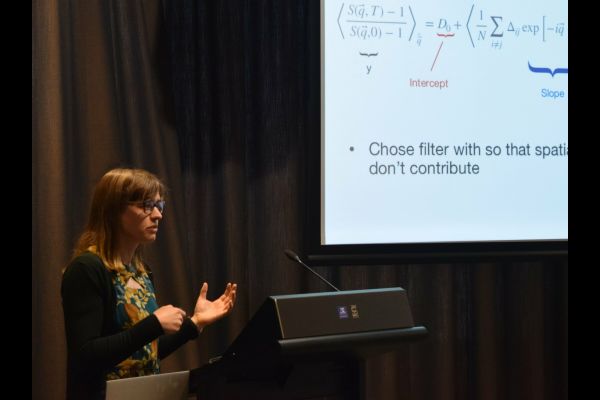 A presenter at the podium and a corner of their slide