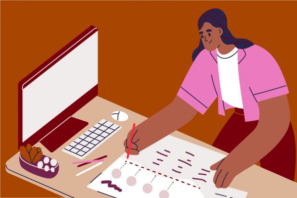 Illustration of a person documenting their work on a series of documents on a desk and computer in from of them.
