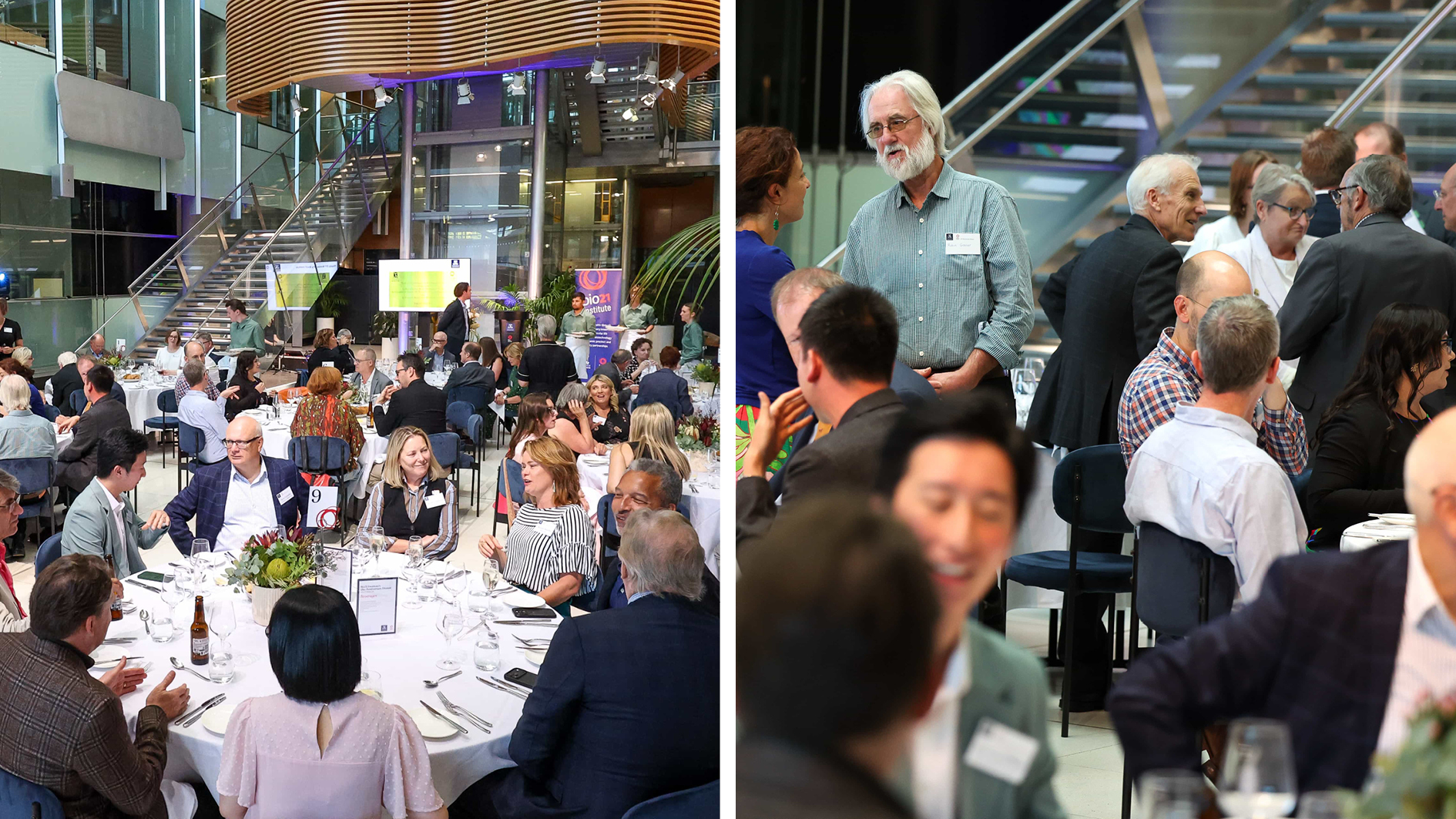 General views of event guests chatting in a large building foyer