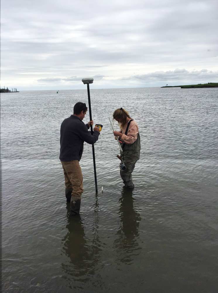 Rebecca Morris working on oyster reefs to measure water levels.