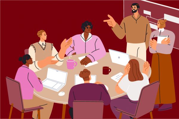 Illustration of a group of people workshopping ideas around a table and whiteboard.