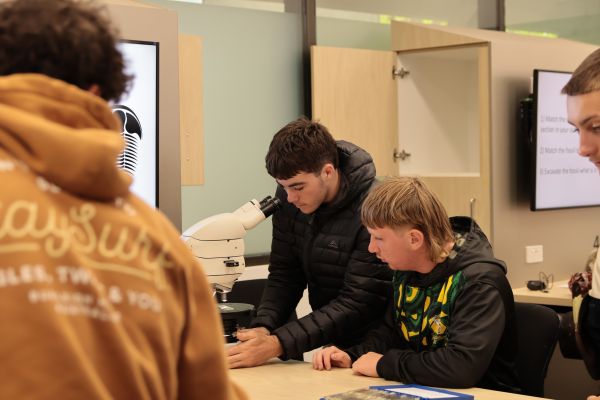 Students looking through microscope 