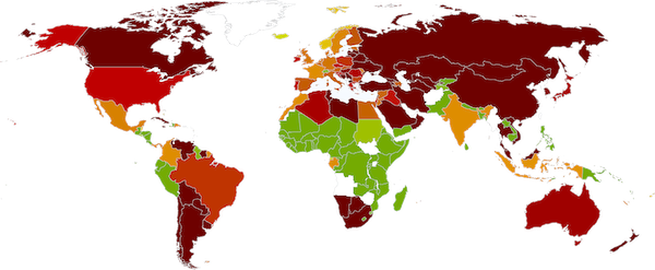 A map produced by the Climate and Energy College, showing an assessment of global warming based on the ambition of a selected country