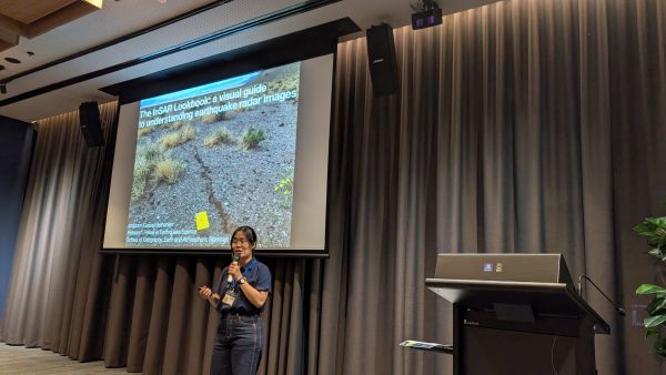 A speaker in front of a slide titled 'The InSAR Lookbook: a visual guide to understanding earthquake radar images' 