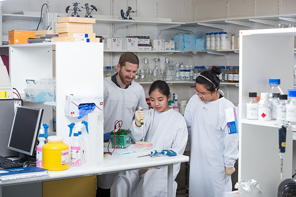 Three people wearing lab coats standing at a bench in a lab. One is using a pipette.