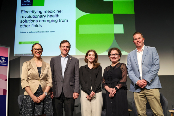 Panellists, moderator and Dean of Science pose for a photo