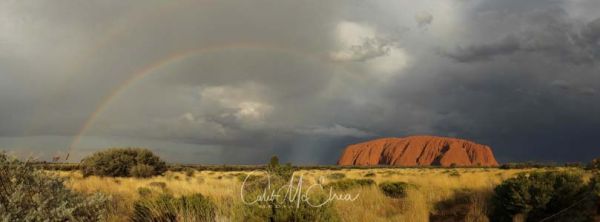 A panoramic view of Uluru, with a rainbow rising behind it